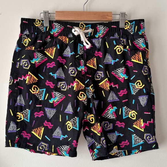 90s Fresh Prints of Bel Air Black Shorts Colorful Retro Geometric Pattern Size M - Picture 1 of 9